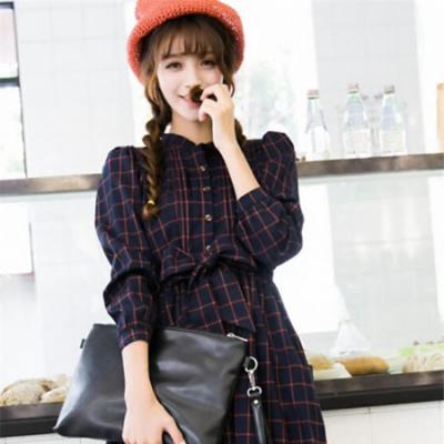 2014秋季新款　英伦风格子系带收腰单排扣长袖连衣裙